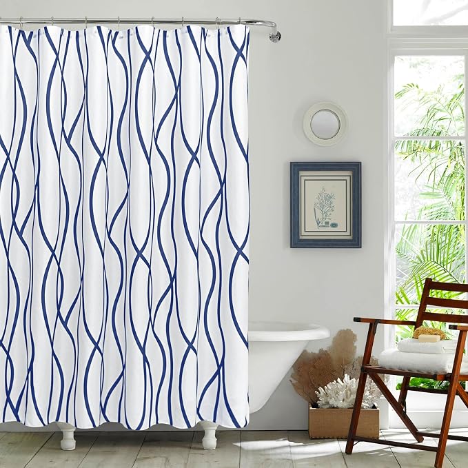 Biscaynebay Extra Long Textured Fabric Shower Curtain 72 W x 84 L, Navy Striped Printed Linen Modern Hotel Luxury Quality Cloth Bathroom Curtains Machine Washable