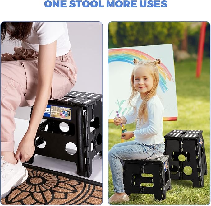 ACKO 13 Inch Folding Step Stools, 2 Pack, 300 lbs, Black | Collapsible Step Stools for Adults with Handles, Non-Slip and Space-Saving, for Kitchen, Bathroom, Bedroom and Closet