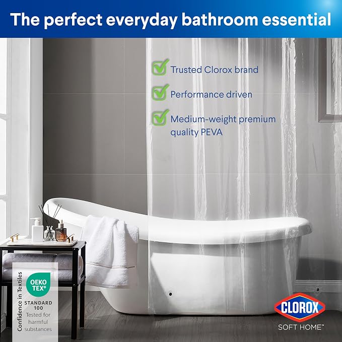 Clorox Shower Curtain Liner, Premium Medium-Weight Durable Waterproof 6g PEVA for Bathroom with Weighted Magnets, Extra Long 72" x 78", Clear 1 Pack