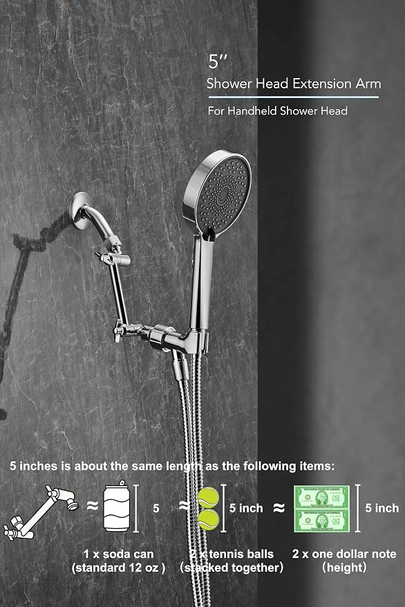 5 Inch Adjustable Shower Head Extension Arm, With Locking Set Screw, Singing Rain 304 Stainless Steel Chrome Angle Height Adjustable, Easy Install, G1/2 Universal Connector Compatible (Chrome Finish)