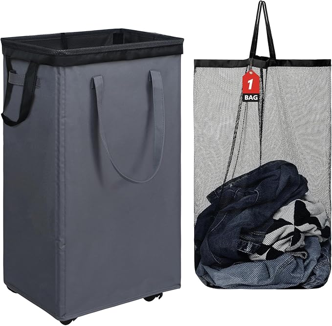 DOKEHOM 90L X-Large Rolling Laundry Basket Hamper on Wheels, Grey | Collapsible clothes hamper with removable mesh wash bag. High-capacity foldable washing bin organizer