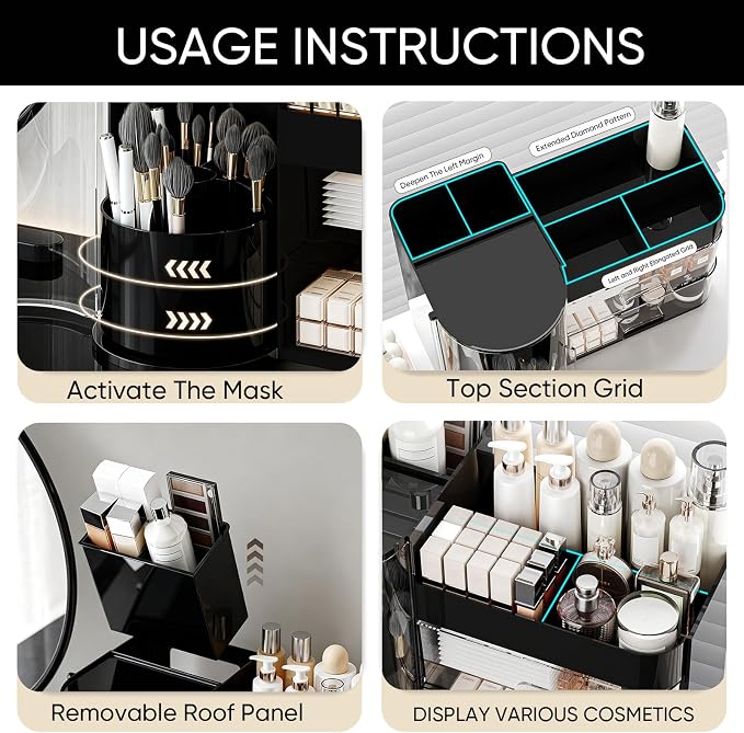 Makeup Organizer,Rotating Cosmetic Storage Organizer with Drawers,Large Capacity Makeup Brush Holder,Skincare Vanity Organizer for Bathroom Countertop,Black
