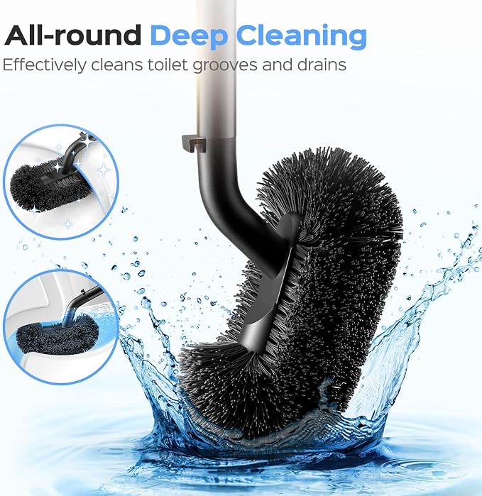 HAMITOR Toilet Plunger and Brush Set: 2 in 1 Stainless Steel Combo with Curved Bristles - Heavy Duty Toilet Unclogging for Family Bathroom - Compact Hideaway Apartment Cleaning Accessories - Black