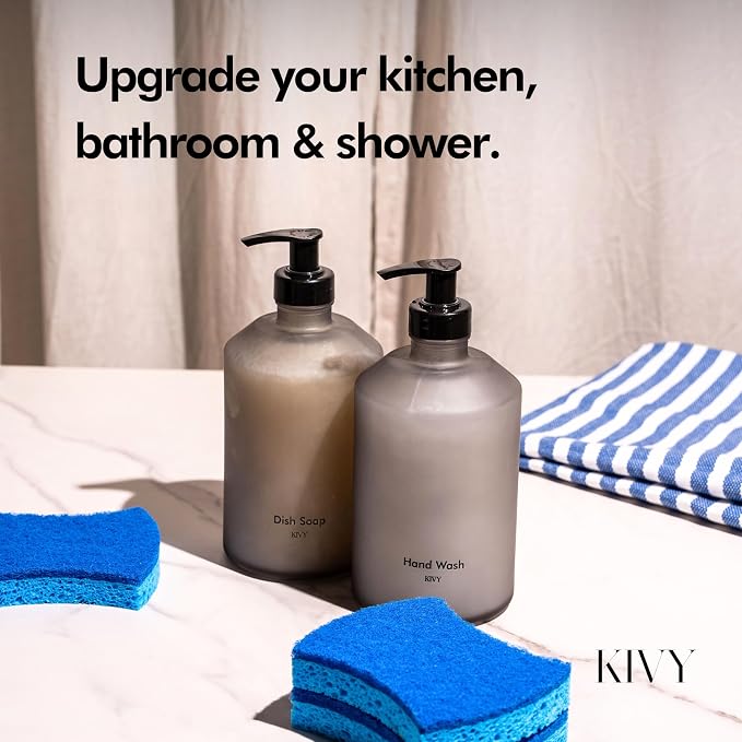 KIVY Glass Soap Dispenser Set [INCL. Waterproof Labels] - Glass Soap Dispenser with Pump - Hand Soap and Dish Soap Set - for Kitchen, Shower & Bathroom - Refillable (Matte Black)