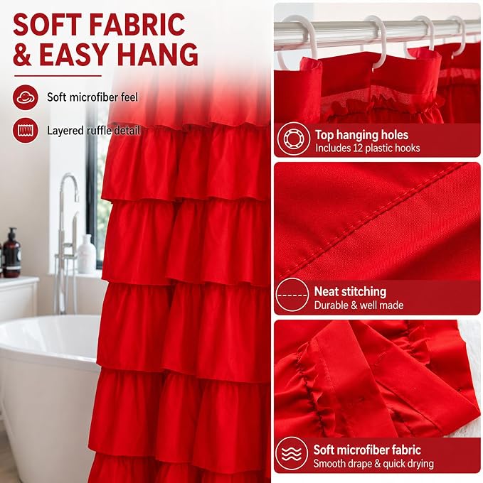 Red Ruffle Shower Curtain for Bathroom, 72x84, Christmas Bathroom Decor | Rich Red Ruffles, 84in, 12 Hooks Included, Machine Washable, Solid Soft Microfiber Fabric, Boho Textured Style,Holiday Accent