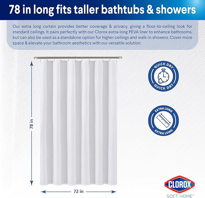 Clorox 2-in-1 Bathroom Shower Curtain Liner, Durable Fabric, Weighted Magnets for Bath Water Control, Washable Premium Quality, Extra Long, Modern - 72" x 78" White