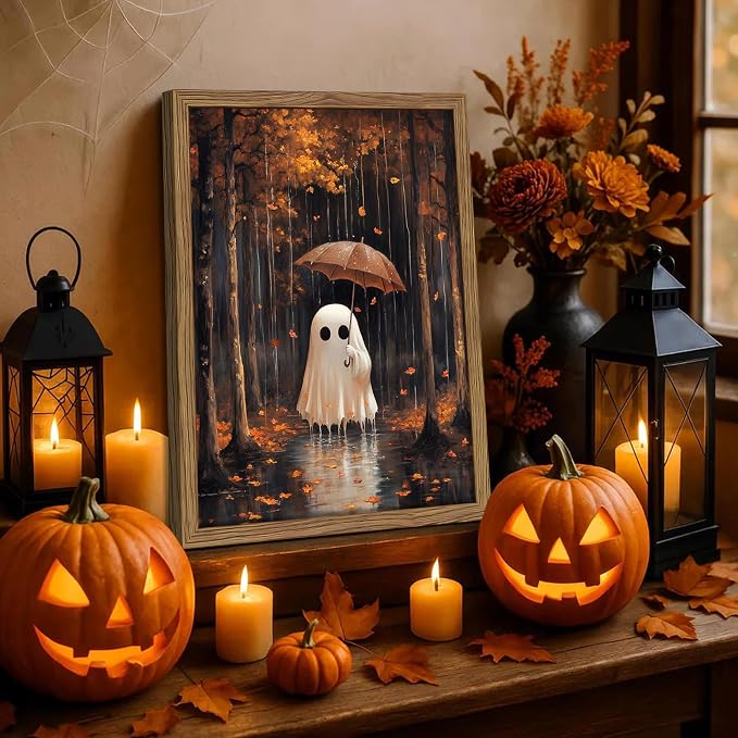 Framed Vintage Halloween Ghost Canvas Wall Art, Cute Ghost Holding Umbrella Poster Print, Autumn Rainy Forest Halloween Artwork, Whimsical Wall Decor for Living Room Bedroom Hallway, 12x16in