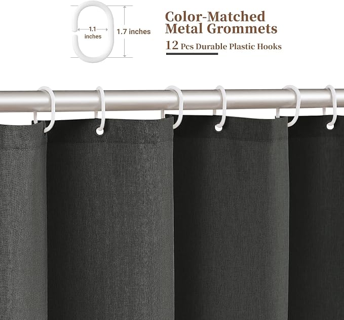 Charcoal Grey Boho Scalloped Linen Textured Shower Curtain Set, 72x72 | 230GSM Waterproof Polyester, Heavy Duty Fabric, 12 Plastic Hooks, Modern Farmhouse Style, Machine Washable, Bathroom Decor