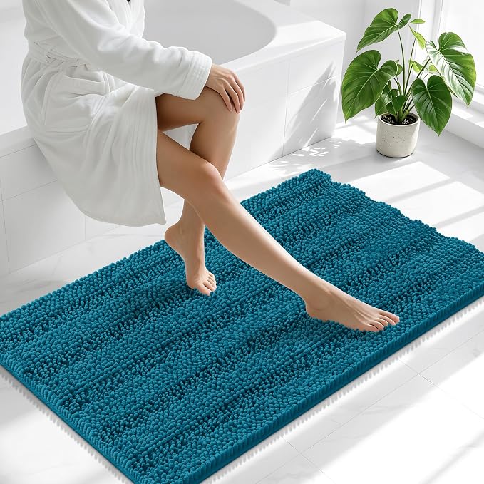 Smiry Thick Chenille Bathroom Runner Rugs 47x17, Bath Mat, Peacock Blue | Quick‑Dry & Machine Washable, Non‑Slip Bath Carpet, Soft Striped Bath Rugs for Tub & Shower, Modern Home Decor Accessories