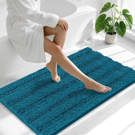 Smiry Thick Chenille Bathroom Runner Rugs 47x17, Bath Mat, Peacock Blue | Quick‑Dry & Machine Washable, Non‑Slip Bath Carpet, Soft Striped Bath Rugs for Tub & Shower, Modern Home Decor Accessories