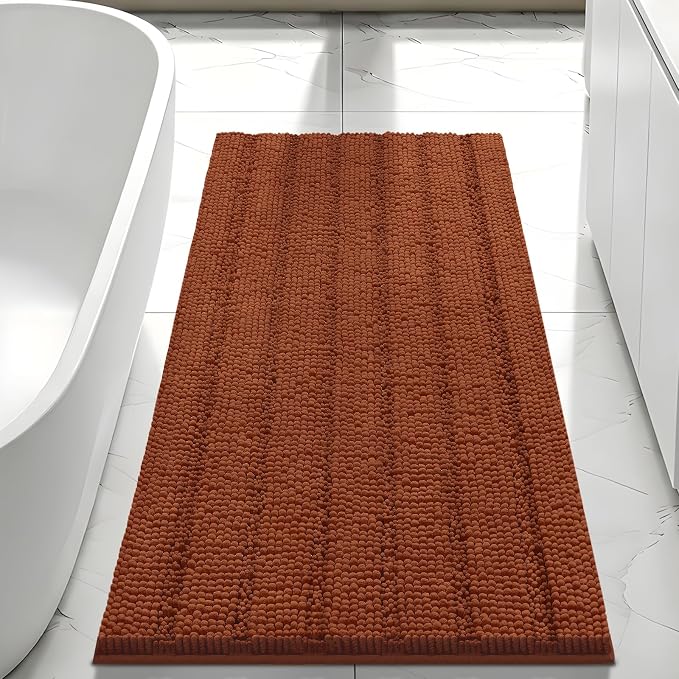 Bcoimo Bath Rug Mat,44x24 Extra Soft Burnt Orange Long Bathroom Runner Rug | No Slip with Rubber Back Chenille Bathroom Mat For Floor,Tub,Shower;High Absorbent,Quick Dry Microfiber mat; Machine Washable