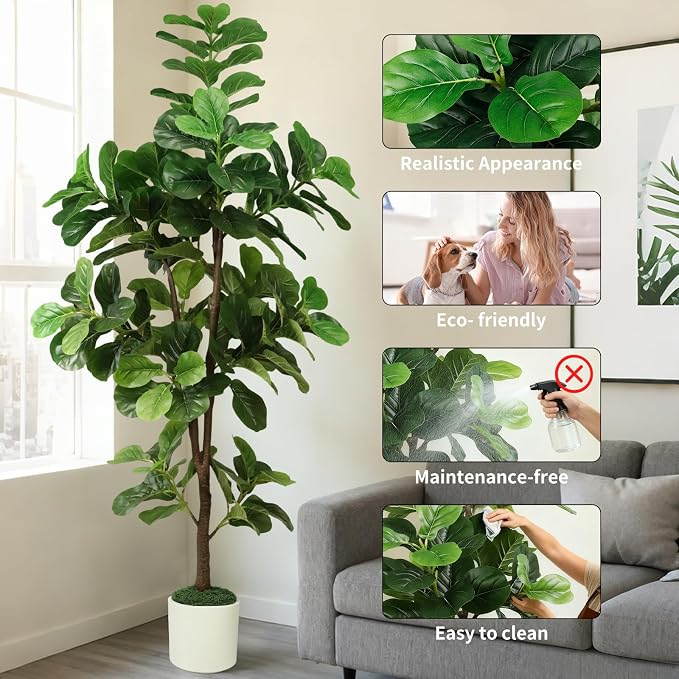 7FT Artificial Fiddle Leaf Fig Tree with White Planter & Fake Moss, Realistic Faux Ficus Lyrata Floor Plant for Indoor Home Office Decor, Housewarming Gift