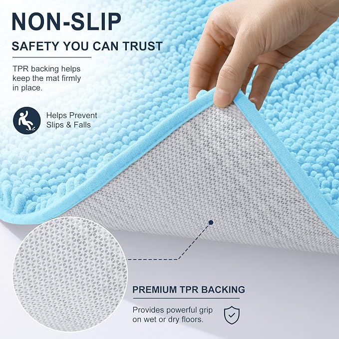 Smiry Thick Chenille Bathroom Rugs 30x20, Soft Absorbent Bath Mat, Sky Blue | Quick‑Dry & Machine Washable, Non‑Slip Bath Carpet, Striped Bath Rugs for Tub & Shower, Modern Home Decor Accessories