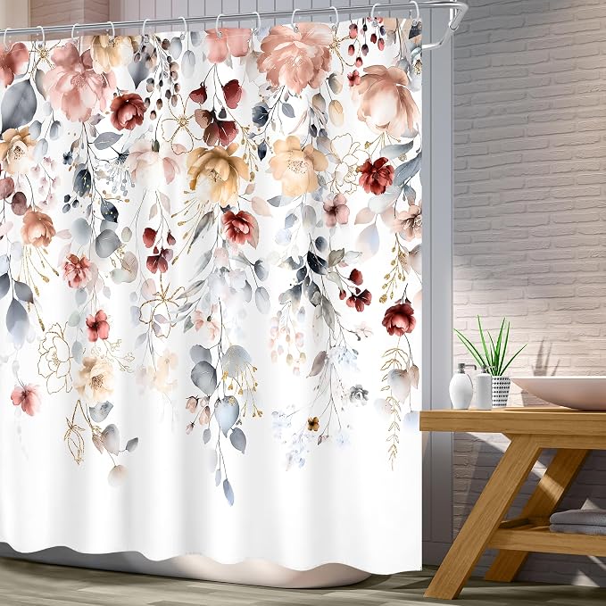 Floral Coral Pink Colorful Blue Eucalyptus Bathroom Shower Curtain Set | 72"W x 72"L Flower Leaves design with waterproof HD artwork, quick-dry fabric and hooks for easy hanging.