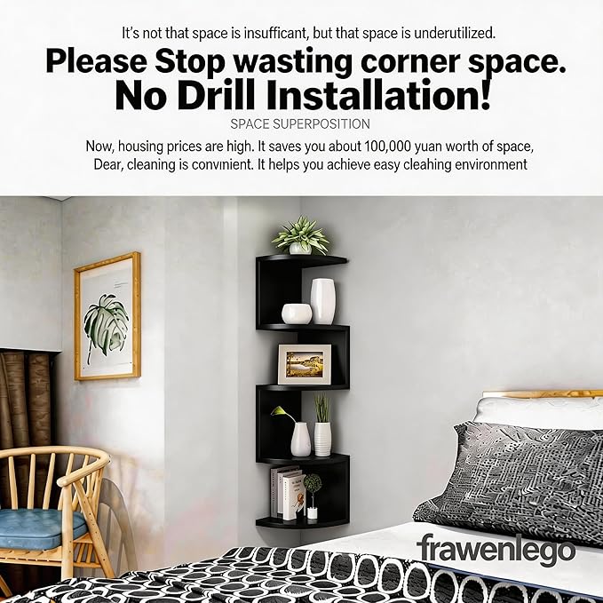 No-Drill Corner Shelf Wall Mount, 5-Tier Thickened Floating Bookshelf with Hooks, Space-Saving Zigzag Plant Shelf for Bedroom, Living Room, Bathroom, Home Office (Black)