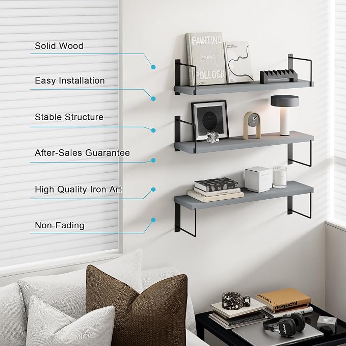 Floating Shelves, 24 In Bookshelves for Room Wall, Shelves on Wall (Grey) | Wall Shelves, Easy to Install Wall Mounted Shelves, Set of 3, Rustic Wood Shelves for Wall Decor, Hanging Shelves