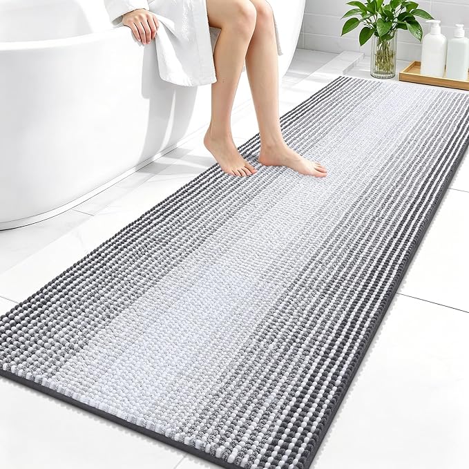 OLANLY Bathroom Runner Rugs 59x24, Soft Chenille Striped Bath Rugs, Grey | Extra Absorbent, Rubber Backing, Machine Wash Dry, Bath Mats for Bathroom Floor, Tub and Shower, Home Decor Accessories