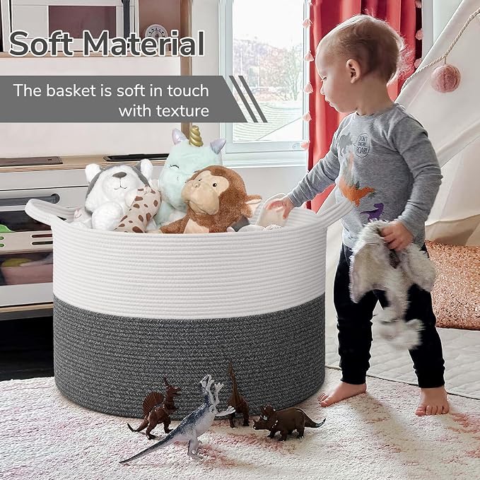 INDRESSME 115L Extra Large Woven Rope Blanket Basket Living Room | 23.6" x 15.7" Storage baskets for toys laundry & pillows. Fits living room, bedroom or nursery décor. Soft-touch with handles