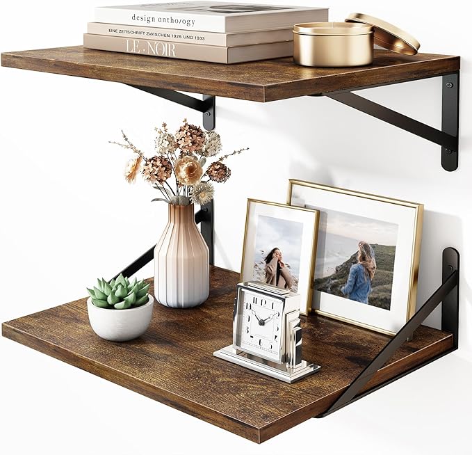 Fixwal 2pcs 11.8in Deep Floating Shelves for Wall (Brown, 15.7" L) | Large Capacity MDF shelf, 0.6in thick board, holds up to 40 lbs. Fits bathroom, kitchen, bedroom, living room & office.