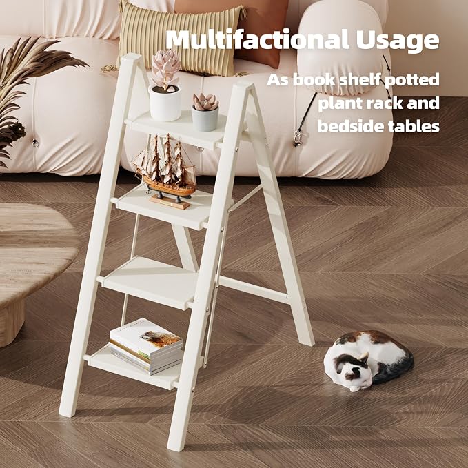 HillhutApex Aluminum Step Stool Foldable,4 Step Ladder (White) | Lightweight Portable step ladder with Anti-Slip Wide Pedal,330lbs Capacity Ladder for Household,Office,Kitchen