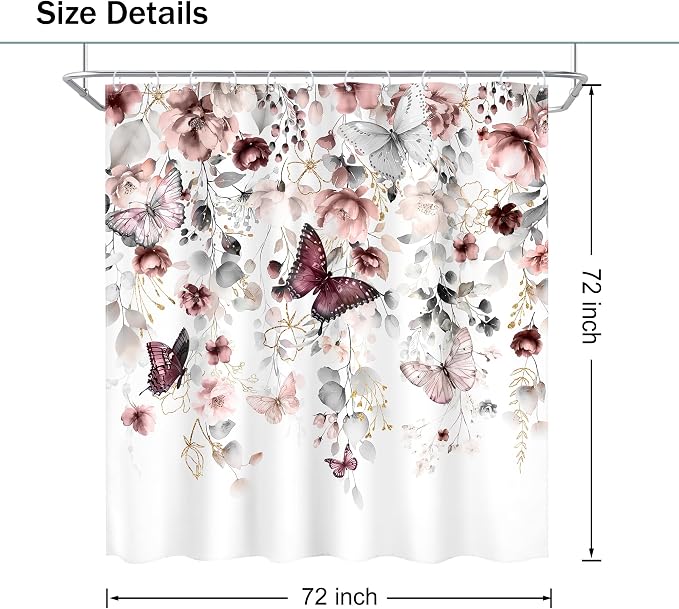 Grey Pink Floral Butterfly Spring Summer Bathroom Shower Curtain Set | 72"W x 72"L Plant Natural design with waterproof HD artwork, quick-dry fabric and hooks for easy hanging.