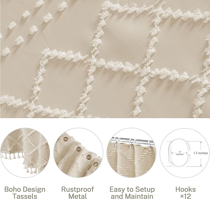 Siiluminisoy Boho Farmhouse Shower Curtain Woven Fabric Cream/Beige Shower Curtain, 72 x 72 Tufted Chevron Textured Striped Modern Minimalist Cloth Shower Curtains for Bathroom