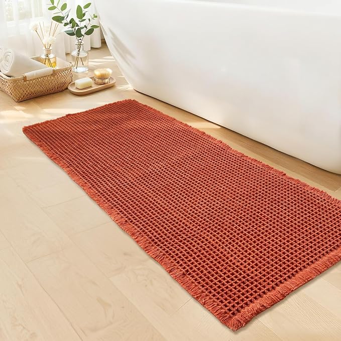 Burnt Orange Bathroom Rug, Fall Waffle Bath Mat Runner, 24" x 72" | Super Absorbent Quick Dry Bath Runner, Washable Waffle Weave, Non Slip Boho Farmhouse Bathroom Fall Decor for Sink or Tub