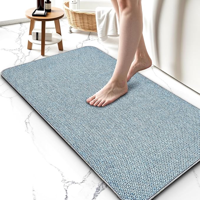 Upgraded Bath Mat 24x48Inch, Thin Bath Mats Rugs with Rubber Backing Non-Slip, Absorbent,Quick Dry Machine Washable, Home Decor Accessories Cozy Cloth Bathroom Rugs fit Under Door/Sink/Tub/Shower-Blue
