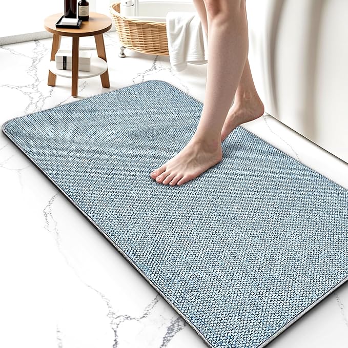2 Pack Bathroom Rugs 17x27Inch, Thin Bath Mat with Rubber Backing Non-Slip, Absorbent,Quick Dry Machine Washable, Home Decor Accessories Cozy Cloth Bathroom Mat fit Under Door/Sink/Tub/Shower-Blue