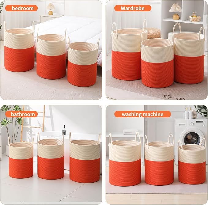 Woven Laundry Hamper Tall Rope Storage Basket for Blanket oys Dirty Clothes in Living Room Bathroom Bedroom (White&Orange, 60L/15.8Gal)