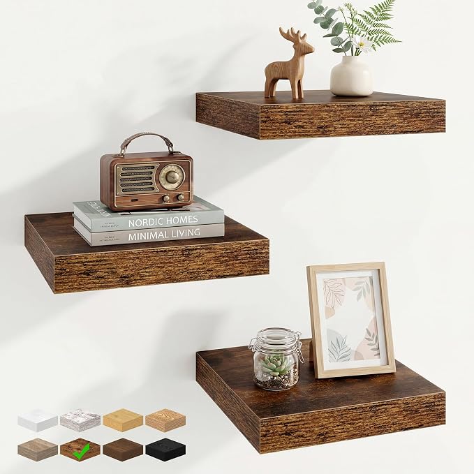 Marsmiles 12in Depth Floating Shelves, 12x12x1.4, Rustic Brown, Set of 3 | Small Wall Mounted Square Shelves, Engineered Wood, Invisible Brackets, Living Room, Bedroom, Bathroom, Kitchen Decor