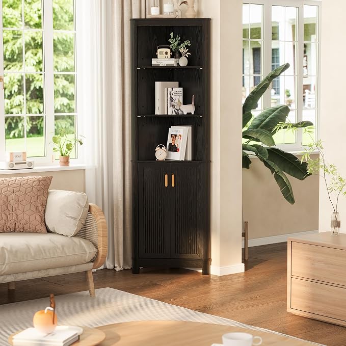 69" Tall Corner Shelf with Doors, 6-Tier Corner Storage Cabinet with Doors, Space Saver Shelf for Bathroom, Bathroom Floor Cabinet for Living Room Kitchen, Hallway