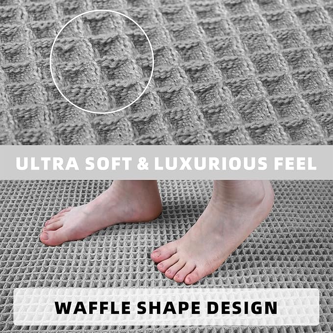 Waffle Bathroom Rugs, Large Non Slip Absorbent Waffle Knit Bath Mat for Shower Floor, Tub and Bathroom Door, Ultra Soft Quick Dry, Grey, 24"x36"