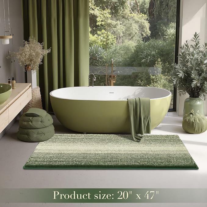 Large Bathroom Rugs, Bath Mat Rug for Bathroom Non Slip 20 x 47 Inches Water Absorbent Chenille Runner Rugs Floor Mats Machine Washable (Green)