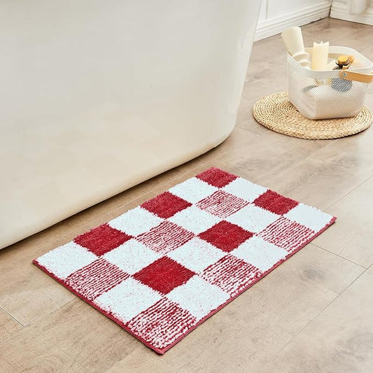 CozeCube Christmas Red Checkered Bath Mat 24"x16" Non Slip Washable Rug | For Bathroom Non Slip, Fluffy Absorbent Microfiber Bath Mats Machine Wash, Stylish Small Aesthetic Bathroom Rugs