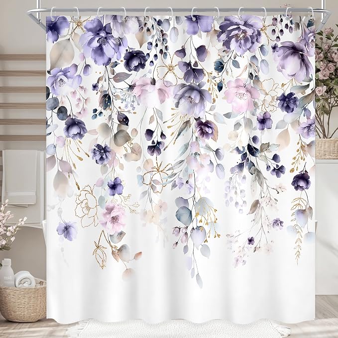 Floral Purple Pink Leaf Rustic Girly Bathroom Shower Curtain Set | 72"W x 78"L Flower Boho style, clear shower print, fast-dry fabric and hooks for a simple bath update.