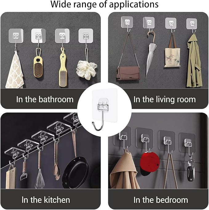 Large Hooks for Hanging Heavy-Duty 44Ib(Max) Self Adhesive-Hooks for Hanging, Traceless Clear and Removable, Waterproof and Rustproof Multiple Uses for Bathroom Kitchen Home 18 Pack
