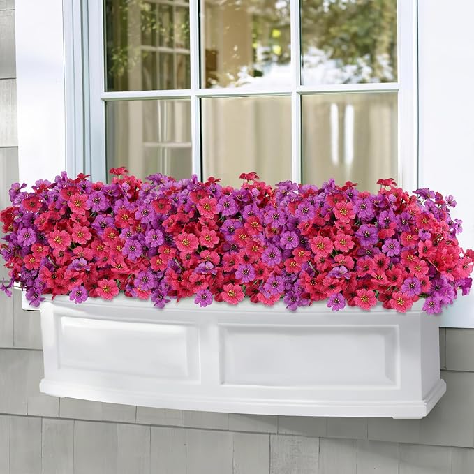 24PCS UV Resistant Artificial Flowers for Outdoors, Purple + Rosy | Silk & Plastic, for Hanging Baskets, Window Boxes & Planters, Porch, Yard, Garden, Spring Outdoor Home Decorations