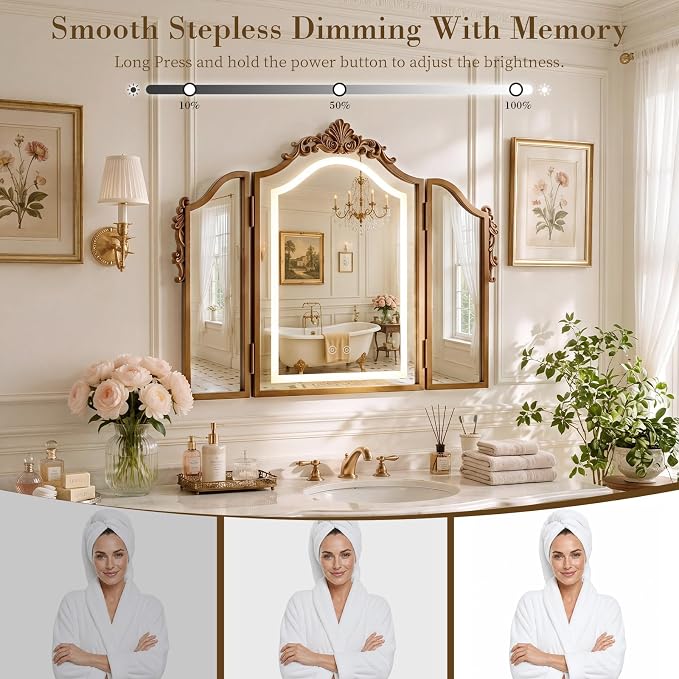 LED Trifold Vanity Mirror 3 Way for Braiding Hair | 3 Color Lighting Dimming, LED Golden Adjustable Arch Triple Fold, Bathroom Bedroom Decor, Thoughtful Gift Option, 31 x 23 In