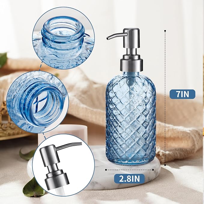 Kaishun 14 OZ Refillable Glass Soap Dispenser for Hand Soap & Lotion, Blue