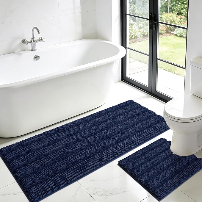 Striped Navy Blue Toilet Bathroom Rug Mat Set 2 piece Rug Ultra Soft, Non Slip Chenille Bath Rugs, Absorbent Plush Shaggy Bath Mats for Bathroom, Bedroom, Kitchen, Shower, Tub