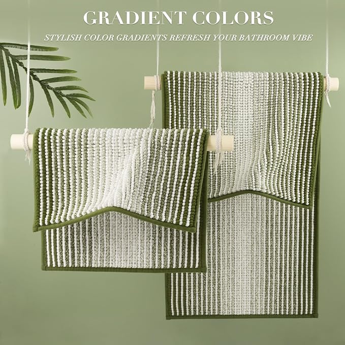 Bathroom Rugs and Mats Sets, 2 Piece Thick Absorbent Chenille Bath Mat Rug Set Non Slip, Soft Shaggy Bath Room Floor Mats for Bathroom, Machine Washable (Sage, 20" x 32" Plus 16" x 24")