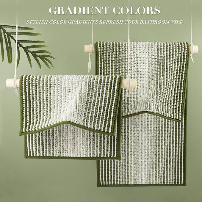 Bathroom Rugs and Mats Sets, 2 Piece Thick Absorbent Chenille Bath Mat Rug Set Non Slip, Soft Shaggy Bath Room Floor Mats for Bathroom, Machine Washable (Sage, 20" x 47" Plus 16" x 24")