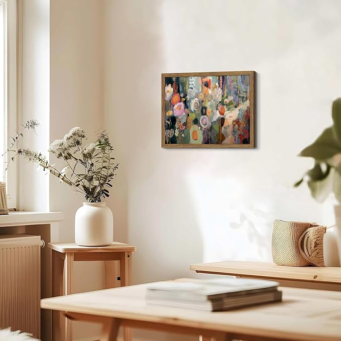Framed Vintage Colorful Flower Canvas Wall Art, Abstract Floral Graffiti Poster Prints, Modern Boho Botanical Artwork, Elegant Nature Wall Decor for Living Room Bedroom Office 16x24in
