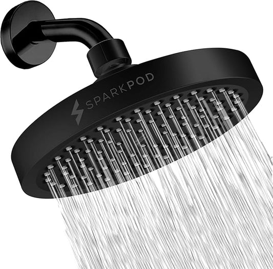 SparkPod Rain Shower Head, 6 Inch Round, Midnight Black Matte Finish | High Pressure Shower Heads, 90 Nozzles, Adjustable Showerhead, No Tools Needed, Universal Connection