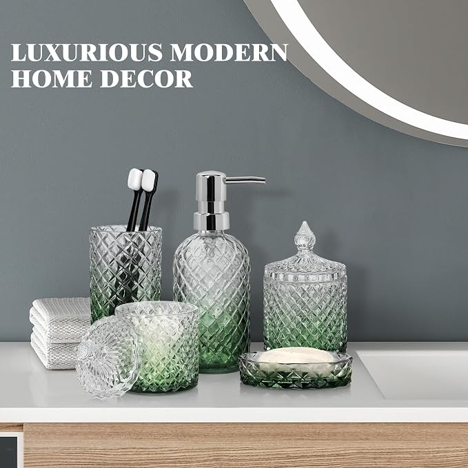 Bathroom Accessories Set, 5Pcs Bathroom Soap Dispenser Set, Glass Bathroom Accessories with Glass Soap Dispenser, Soap Dish, Toothbrush Holder, Tumbler, Cotton Swab Jar (Gradient Clear & Green)