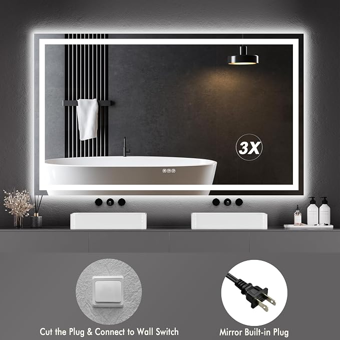 Large LED Bathroom Mirror 60x36 Inch - Frontlit & Backlit Frameless Wall Vanity Mirror with Stepless Dimming, Adjustable Color Temp, Anti-Fog Defogger, Smart Memory & 3X Suction Mirror, Sha