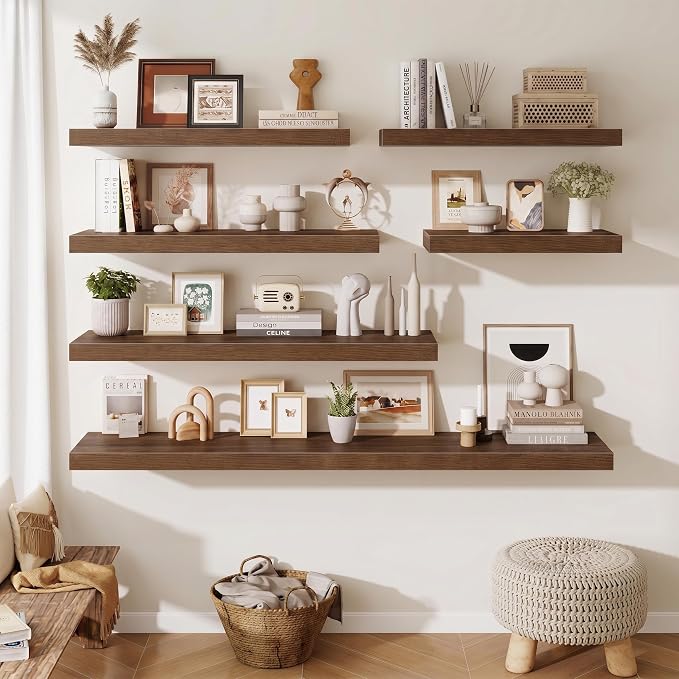 Fun Memories 55 Inch Floating Shelves for Wall - 12 Inch Deep Fireplace Mantel Shelf - Wood Floating Shelf for Wall - Large Storage Shelves Wall Mount for Living Room & Bedroom - Walnut - Set of 2