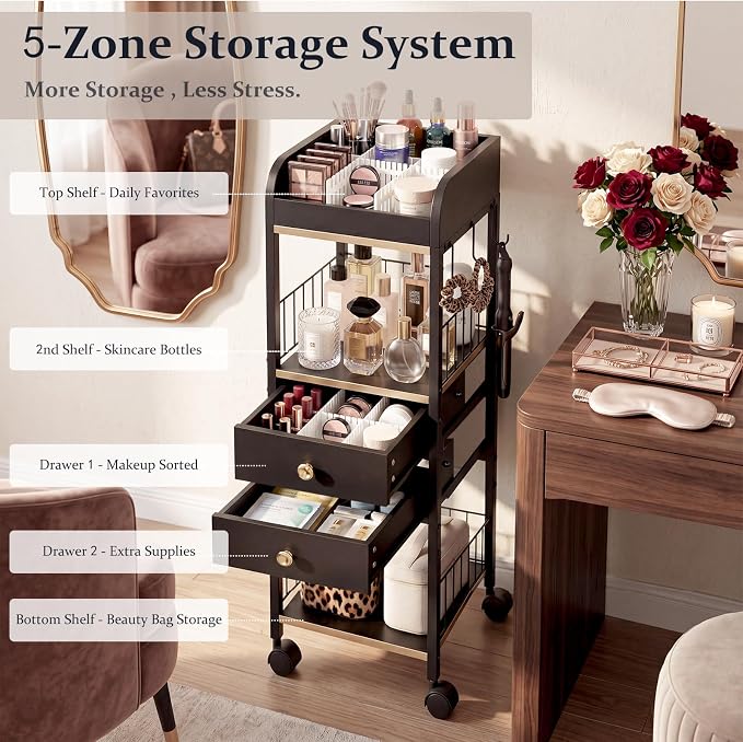 Makeup Organizer Cart, Rolling Floor Skincare Organizer and Storage with 2 Wooden Drawers, Cosmetics Display Cases Holder for Skin Care Perfume Hair Tools Nail Polish(Black&Glod)