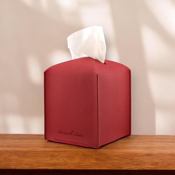 Premium PU Leather Tissue Box Holder - Elegant Hotel-Style Tissue Box Cover for Home, Office & Car Décor, Tissues Cube Organizer for a Natural & Classic Look (Crimson-Red)